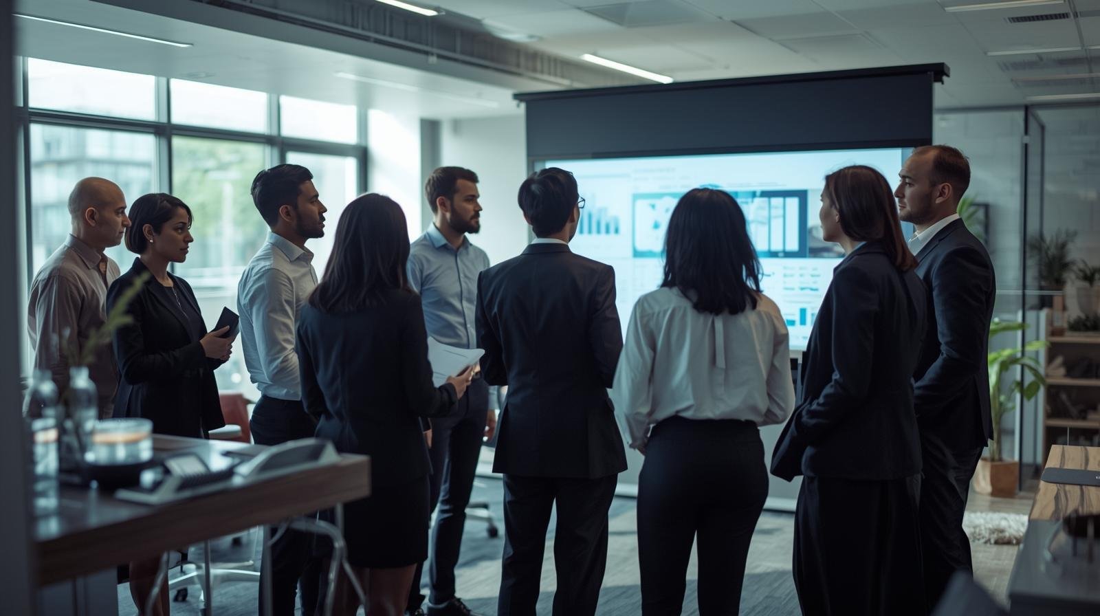 corporate team working together in a modern office reviewing a project